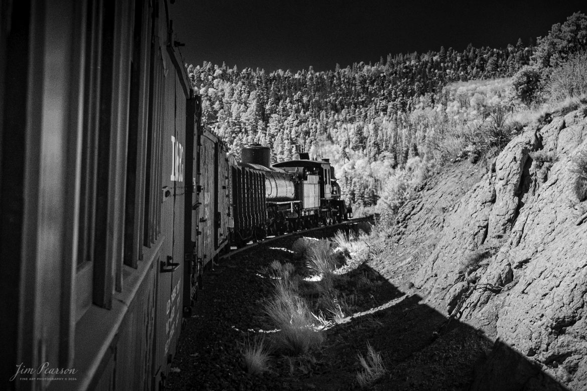 This week’s Saturday Infrared photo is of Cumbres & Toltec Scenic Railroad 168 as it climbs upgrade just outside of Osier, Colorado, on a recent photo charter by Dak Dillon Photography on October 20th, 2023.

Tech Info: Fuji XT-1, RAW, Converted to 720nm B&W IR, Nikon 10-24 @ 24mm, f/5.6, 1/1250, ISO 400.

#trainphotography #railroadphotography #trains #railways #jimpearsonphotography #infraredtrainphotography #infraredphotography #trainphotographer #railroadphotographer #CumbresamdToltecScenicRailroad
