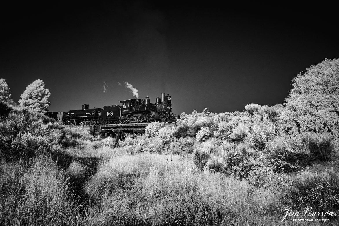 This week’s Saturday Infrared photo is of Cumbres & Toltec Scenic Railroad 168 as it pulls a small train across a small bridge at Lower Whiplash, as it heads for Osier, Colorado, on a recent photo charter by Dak Dillon Photography on October 20th, 2023.

Tech Info: Fuji XT-1, RAW, Converted to 720nm B&W IR, Nikon 10-24 @ 16mm, f/5.6, 1/300, ISO 400.

#trainphotography #railroadphotography #trains #railways #jimpearsonphotography #infraredtrainphotography #infraredphotography #trainphotographer