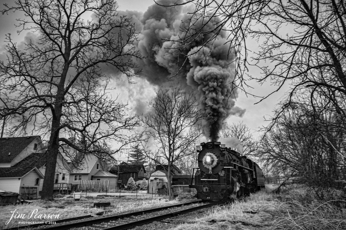 In this week’s Saturday Infrared Photo - Pere Marquette 1225 heads out of Owosso, Michigan pulling the morning North Pole Express excursion train that runs between Owosso and to the Village of Ashley, MI for their Country Christmas, on December 17th, 2023. 

According to their website, Pere Marquette 1225, the largest and most impressive piece in the Steam Railroading Institute’s collection, is one of the largest operating steam locomotives in Michigan. The 1225 was built in October of 1941 by the Lima Locomotive Works in Lima, Ohio for the Pere Marquette Railway. It’s part of the National Register of Historic Structures and is renowned for its role in the 2004 Warner Brothers Christmas Classic, THE POLAR EXPRESS™. 1225’s blueprints were used as the prototype for the locomotive image as well as its sounds to bring the train in the animated film to life!

Tech Info: Fuji XT-1, RAW, Converted to 720nm B&W IR, Nikon 10-24 @ 15mm, f/5.6, 1/40, ISO 400.

#trainphotography #railroadphotography #trains #railways #jimpearsonphotography #infraredtrainphotography #infraredphotography #trainphotographer #railroadphotographer #PereMarquette1225