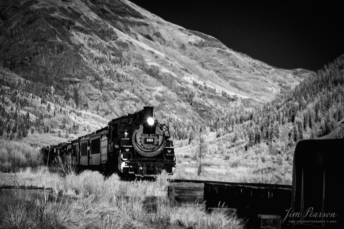 In this week’s Saturday Infrared photo, we catch Durango and Silverton steam locomotive 493 as it out of Silverton, Colorado on October 15th, 2023, bound for Durango.

According to Wikipedia: The Durango and Silverton Narrow Gauge Railroad, often abbreviated as the D&SNG, is a 3 ft (914 mm) narrow-gauge heritage railroad that operates on 45.2 mi (72.7 km) of track between Durango and Silverton, in the U.S. state of Colorado. The railway is a federally designated National Historic Landmark and was also designated by the American Society of Civil Engineers as a National Historic Civil Engineering Landmark in 1968.

Tech Info: Fuji XT-1, RAW, Converted to 720nm B&W IR, Nikon 10-24mm @ 24mm, f/5.6, 1/850, ISO 400.

#trainphotography #railroadphotography #trains #railways #jimpearsonphotography #infraredtrainphotography #infraredphotography #trainphotographer #railroadphotographer #infaredtrainphotography #steamtrain #dsngrr #trending