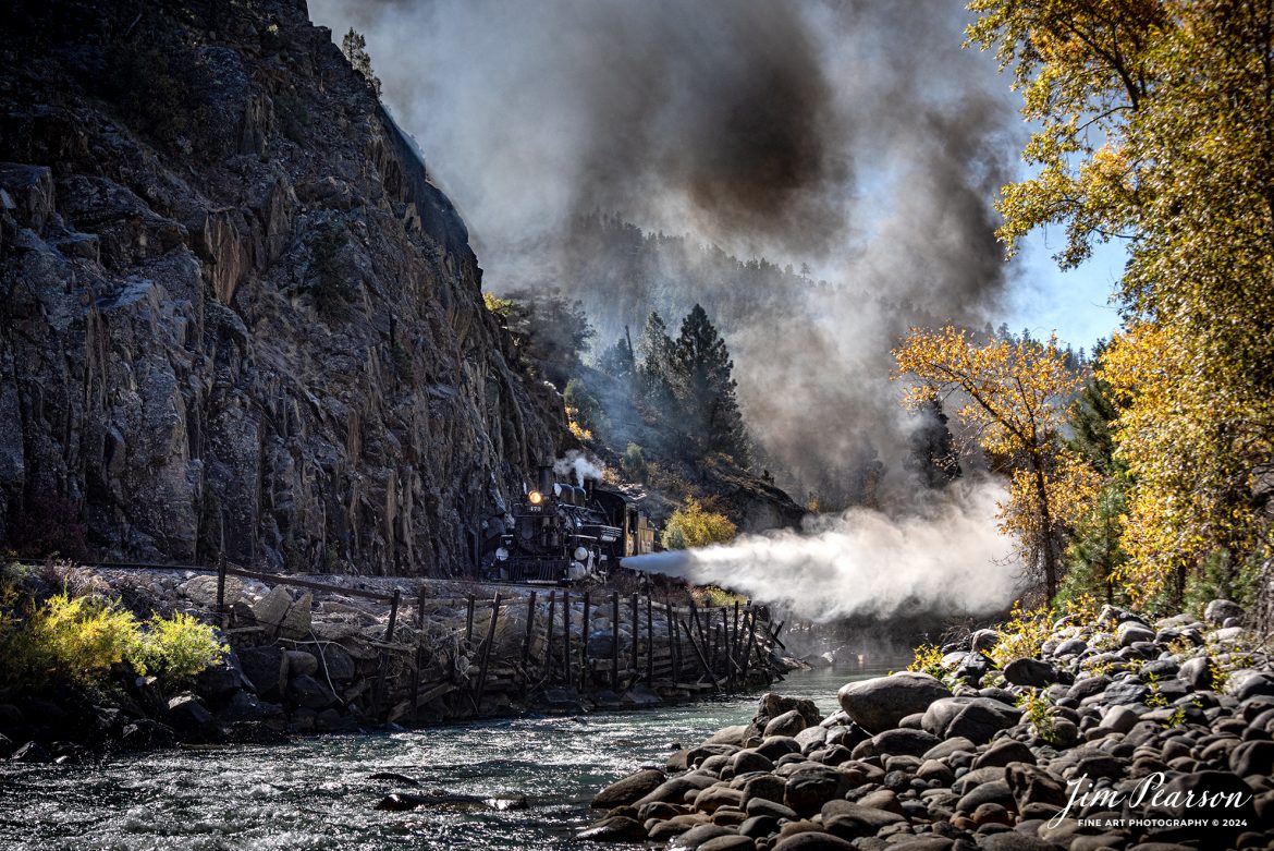 Durango and Silverton Narrow Gauge steam locomotive D&RGW 473 leads a K-28 100th Anniversary Special through the Repeating Curves at MP 472.2, along the Animas River, between Durango and Silverton, Colorado, on October 16th, 2023.

According to Wikipedia: The Durango and Silverton Narrow Gauge Railroad, often abbreviated as the D&SNG, is a 3 ft (914 mm) narrow-gauge heritage railroad that operates on 45.2 mi (72.7 km) of track between Durango and Silverton, in the U.S. state of Colorado. The railway is a federally designated National Historic Landmark and was also designated by the American Society of Civil Engineers as a National Historic Civil Engineering Landmark in 1968.

Tech Info: Nikon D810, RAW, Sigma 24-70 @ 70mm, f/5.6, 1/1000, ISO 80.

#railroad #railroads #train #trains #bestphoto #railroadengines #picturesoftrains #picturesofrailway #bestphotograph #photographyoftrains #trainphotography #JimPearsonPhotography #durangoandsilvertonrailroad #trending