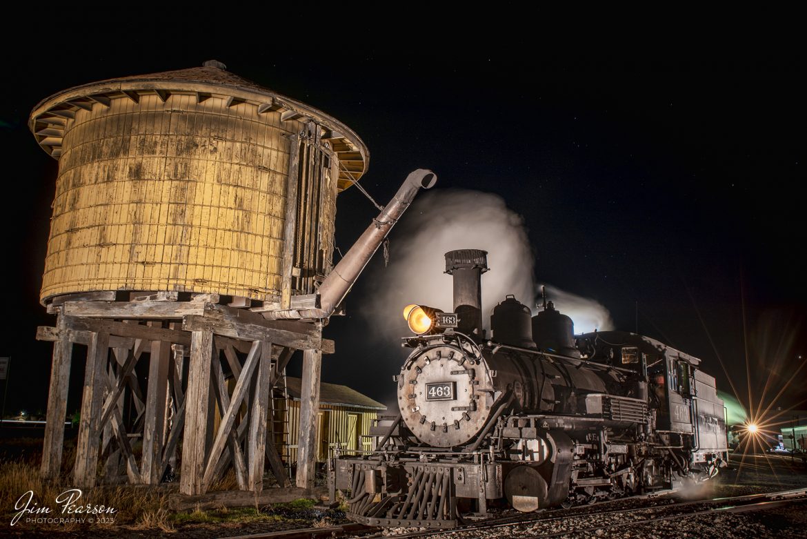 On October 19th, 2024, D&RGW 463 pulls up to the water tank at Antonito, Colorado on the Cumbres and Toltec Scenic Railroad, as it prepares to take on water after a day of work, during the night photoshoot hosted by Dak Dillion Photography during a two-day photo charter, between Antonito and Osier, CO.

Tech Info: Nikon D810, RAW, Sigma 24-70 @31mm, f/8, 15 seconds, ISO 64.

#railroad #railroads #train #trains #bestphoto #railroadengines #picturesoftrains #picturesofrailway #bestphotograph #photographyoftrains #trainphotography #JimPearsonPhotography #durangoandsilvertonrailroad #trending