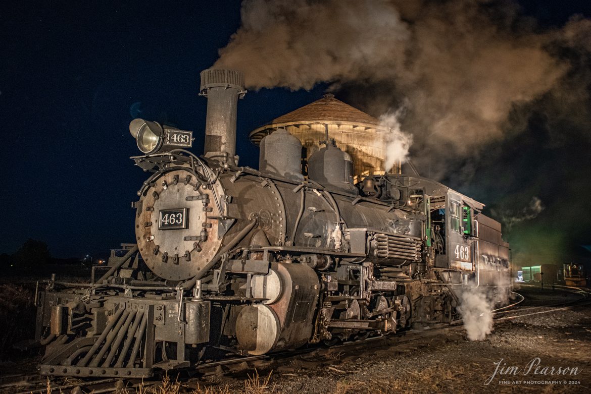 On October 19th, 2024, D&RGW 463 sits at the water tank in Antonito, Colorado on the Cumbres and Toltec Scenic Railroad, as it takes on water after a day of work, during the night photoshoot hosted by Dak Dillion Photography during a two-day photo charter, between Antonito and Osier, CO.

Tech Info: Nikon D810, RAW, Sigma 24-70 @31mm, f/3.5, 1/10 ISO 4000.

#railroad #railroads #train #trains #bestphoto #railroadengines #picturesoftrains #picturesofrailway #bestphotograph #photographyoftrains #trainphotography #JimPearsonPhotography #durangoandsilvertonrailroad #trending