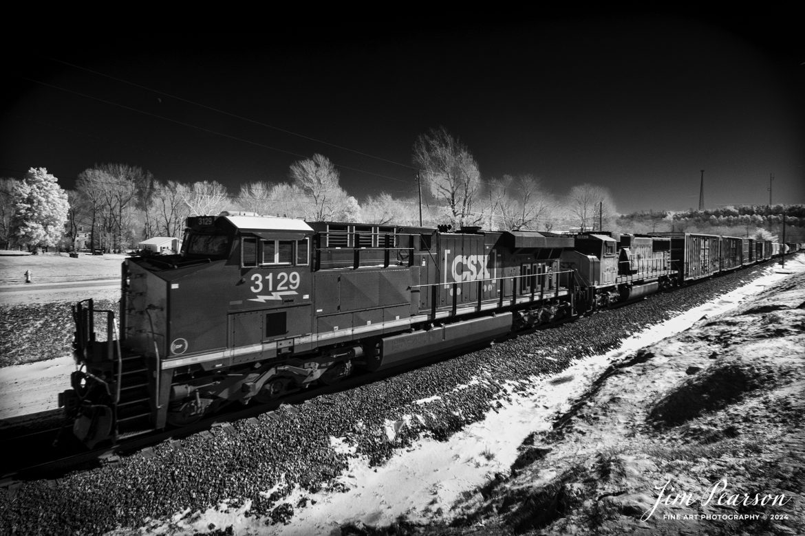 In this week’s Saturday Infrared Photo, we catch CSX local L391 as it heads north through Mortons Gap, Ky, on January 17th, 2024, on the Henderson Subdivision.

Tech Info: Fuji XT-1, RAW, Converted to 720nm B&W IR, Nikon 10-24 @ 10mm, f/5.6, 1/600, ISO 400.

#trainphotography #railroadphotography #trains #railways #jimpearsonphotography #infraredtrainphotography #infraredphotography #trainphotographer #railroadphotographer #csxrailroad #infraredphotography #trending