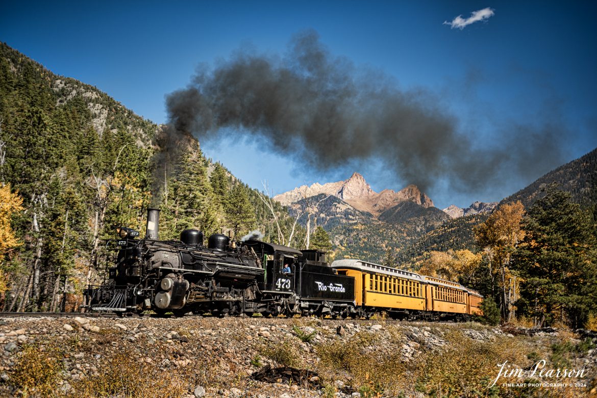 Durango and Silverton Narrow Gauge steam locomotive D&RGW 473 a K-28 100th Anniversary Special as they head to Durango, Colorado at Goblin Fire (480.5) with snow covered Pigeon and Turret Peaks in the background, on October 16th, 2023.

According to Wikipedia: The Durango and Silverton Narrow Gauge Railroad, often abbreviated as the D&SNG, is a 3 ft (914 mm) narrow-gauge heritage railroad that operates on 45.2 mi (72.7 km) of track between Durango and Silverton, in the U.S. state of Colorado. The railway is a federally designated National Historic Landmark and was also designated by the American Society of Civil Engineers as a National Historic Civil Engineering Landmark in 1968.

Tech Info: Nikon D810, RAW, Sigma 24-70 @ 40mm, f/2.8, 1/1000, ISO 64.

railroad, railroads train, trains, best photo. sold photo, railway, railway, sold train photos, sold train pictures, steam trains, rail transport, railroad engines, pictures of trains, pictures of railways, best train photograph, best photo, photography of trains, steam, train photography, sold picture, best sold picture, Jim Pearson Photography, Durango and Silverton Narrow Guage Railroad, steam train, drgwrr