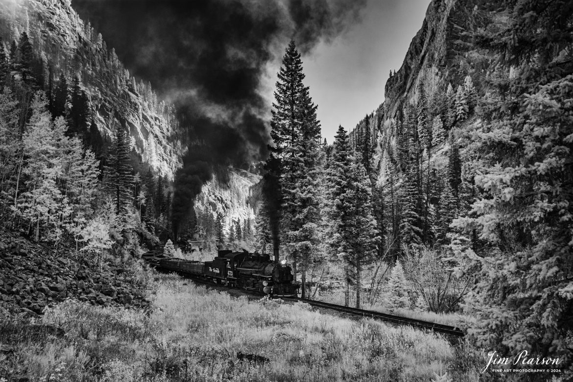 In this week’s Saturday Infrared photo, we catch Denver and Rio Grande Western double header steam locomotives 473 and 476 as they pull a freight and passenger train through Whitehead Gulch during a two-day charter between Durango and Silverton, Colorado on October 16th, 2023.

Tech Info: Fuji XT-1, RAW, Converted to 720nm B&W IR, Nikon 10-24 @ 24mm, f/4.5, 1/45, ISO 400.

#trainphotography #railroadphotography #trains #railways #jimpearsonphotography #infraredtrainphotography #infraredphotography #trainphotographer #railroadphotographer #infaredtrainphotography #steamtrain