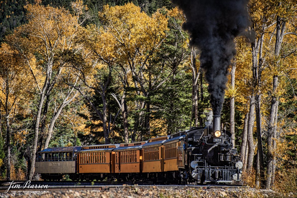 Durango and Silverton Narrow Gauge steam locomotive D&RGW 473 leads a passenger train as it heads to Durango, Colorado from Goblin Fire (480.5) on October 17th, 2023.

According to Wikipedia: The Durango and Silverton Narrow Gauge Railroad, often abbreviated as the D&SNG, is a 3 ft (914 mm) narrow-gauge heritage railroad that operates on 45.2 mi (72.7 km) of track between Durango and Silverton, in the U.S. state of Colorado. The railway is a federally designated National Historic Landmark and was also designated by the American Society of Civil Engineers as a National Historic Civil Engineering Landmark in 1968.

Tech Info: Nikon D810, RAW, Nikon 70-300 @ 200mm, f/5, 1/1000, ISO 200.

railroad, railroads train, trains, best photo. sold photo, railway, railway, sold train photos, sold train pictures, steam trains, rail transport, railroad engines, pictures of trains, pictures of railways, best train photograph, best photo, photography of trains, steam, train photography, sold picture, best sold picture, Jim Pearson Photography, Durango and Silverton Narrow Guage Railroad, steam train, drgwrr