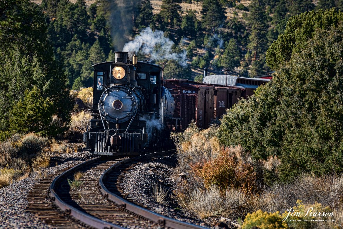 Cumbres & Toltec Scenic Railroad steam locomotive D&RGW 168 in rounds a curve on its way to Osier, Colorado, during a photo charter by Dak Dillon Photography on October 20th, 2023.

According to their website: the Cumbres & Toltec Scenic Railroad is a National Historic Landmark. At 64-miles in length, it is the longest, the highest and most authentic steam railroad in North America, traveling through some of the most spectacular scenery in the Rocky Mountain West.

Owned by the states of Colorado and New Mexico, the train crosses state borders 11 times, zigzagging along canyon walls, burrowing through two tunnels, and steaming over 137-foot Cascade Trestle. All trains steam along through deep forests of aspens and evergreens, across high plains filled with wildflowers, and through a rocky gorge of remarkable geologic formations. Deer, antelope, elk, fox, eagles and even bear are frequently spotted on this family friendly, off-the grid adventure.

Tech Info: Nikon D810, RAW, Nikon 70-300 @ 185mm, f/5, 1/1000, ISO 80.