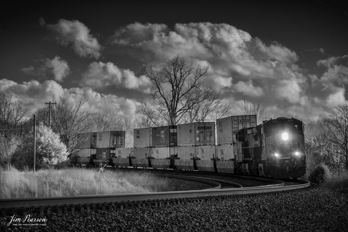 In this week’s Saturday Infrared Photo, CSXT 3261 leads intermodal train, I128, around the curve at the north end of Kelly, Kentucky, on the Henderson Subdivision as they head north on March 3rd, 2024.

Tech Info: Fuji XT-1, RAW, Converted to 720nm B&W IR, Nikon  70-300 @ 100mm, f/5.6, 1/250, ISO 400.

#trainphotography #railroadphotography #trains #railways #jimpearsonphotography #infraredtrainphotography #infraredphotography #trainphotographer #railroadphotographer #csxrailroad #infraredphotography #trending