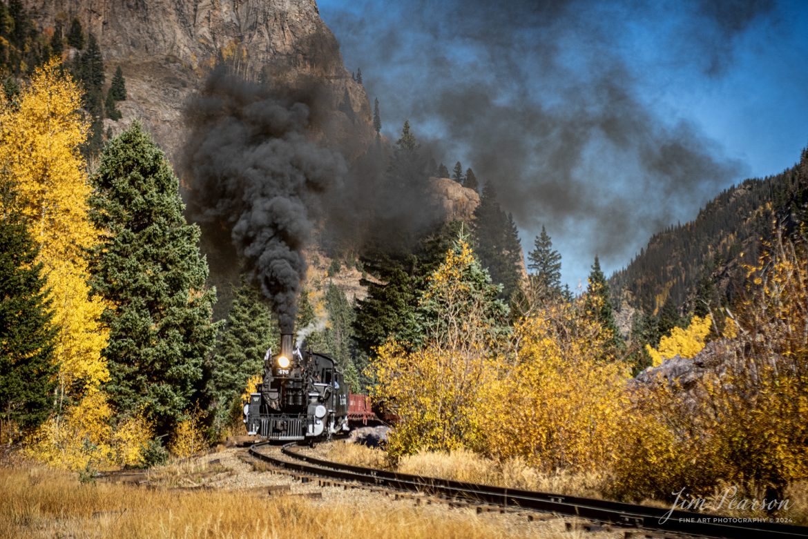 On October 17th, 2023, the crew on Denver and Rio Grande Wester 473 rounds the curve at Colorado Trail, with a freight train during a recent photo charter, between Durango and Silverton, CO, on the Durango and Silverton Railroad.

According to their website: Locomotive 473: The 473 was one of ten K-28 locomotives built by the American Locomotive Works in Schenectady, New York in 1923 for the narrow-gauge D&RGW. All ten engines which were called the Sport Models, were sold to the Rio Grande Railroad. The 473 worked the narrow-gauge rails in Colorado and New Mexico with her sisters 470 through 479. The 473 spent a lot of time on the Silverton line, also working Durango to Alamosa and the Chili line, which ran from Antonito, Colorado to Santa Fe, New Mexico. The 473’s life changed forever in 1941 when the United States was attacked at Pearl Harbor. The U.S. feared a Japanese invasion through Alaska, across the Bering Strait. The U.S. wanted to build a narrow-gauge railroad in Alaska to move troops and supplies into that remote area to defend Canada and the U.S.

Seven of her nine K-28s sisters were taken to Alaska, along with other narrow gauge rolling stock and locomotives, including 470, 471, 472, 474, 475, 477, and 479. After World War II, these seven Rio Grande locomotives were brought back to Seattle, Washington where they met the scrapping torch.

The 473 was delivered from the American Locomotive Company in August 1923 with a medium green boiler jacket, cylinder covers and headlight. She had silver striping and 12” lettering (currently 16” lettering). The cab, dome, frame, and plumbing were black, as was the tender.

Tech Info: Nikon D810, RAW, Sigma 24-70 @ 70mm, f/2.8, 1/4000, ISO 250.

#railroad #railroads #train #trains #bestphoto #railroadengines #picturesoftrains #picturesofrailway #bestphotograph #photographyoftrains #trainphotography #JimPearsonPhotography #DurangoandSilvertonRailroad #trending