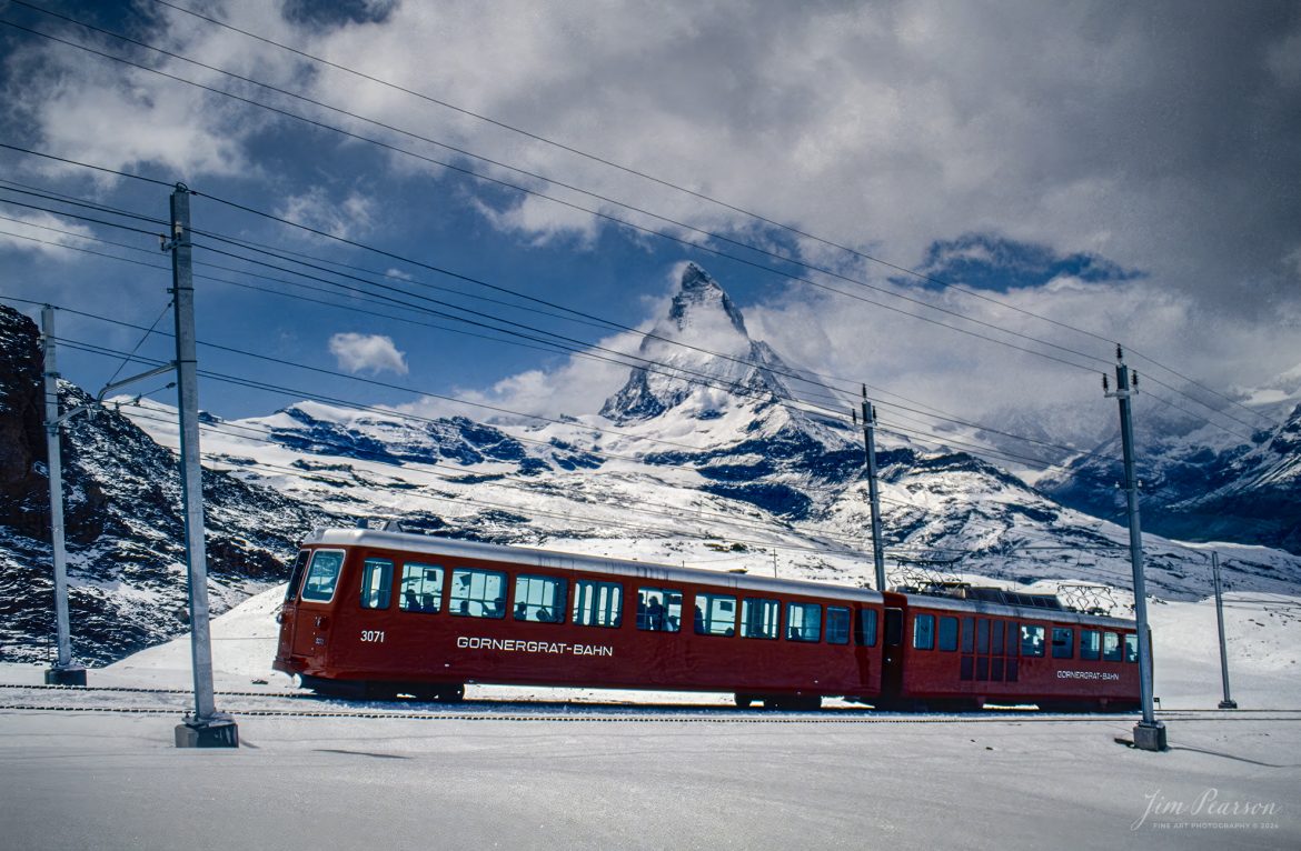 Gornergrat-Bahn 3071 leads an uphill train as the Matterhorn rises above the line as the two car Cog Railway trainset heads to Bergstation at Gornergrat from Zermatt, Switzerland. Gornergrat Station is the end of the line for the Gornergrat trains and is 3,089 meters above sea level. The base station of the Gornergrat Railway is located very close to Zermatt's train station

For a while I was the non-commissioned officer in charge of the Air Force’s Electronic Imaging Center stationed at Aviano, Italy, where Combat Camera was tasked to document the Provide Hope operation in 1992. 

I was there for six months, and on most weekends, we had time off and on one of them I took a couple days of vacation and took trains from Italy to Switzerland to ride and photograph this train line. It was probably one of my most memorable trips from my railfanning past!

According to Wikipedia:  Operation Provide Hope was a humanitarian operation conducted by the U.S. Air Force to provide medical equipment to former Soviet republics during their transition to capitalism. The operation was announced by Secretary of State James A. Baker, III on January 22–23, 1992 and the initial shipment of supplies was sent on February 10, 1992. Twelve US Air Force C-5 and C-141 was carrying an estimated 500 tons of bulk-food rations and medicines into Moscow, St. Petersburg, Kyiv, Minsk, and Chisinau from Germany and Yerevan, Almaty, Dushanbe, Ashkhabad, Baku, Tashkent, and Bishkek from Turkey. 

In total, for nearly two weeks sixty-five missions flew 2,363 short tons (2,144 t) of food and medical supplies to 24 locations in the Commonwealth of Independent States during the initial phase of operation. Much of these supplies was left over from the buildup to the Persian Gulf War.

#trainphotography #railroadphotography #trains #railways #jimpearsonphotography #trainphotographer #railroadphotographer #Zermatt # Gornergrat-Bahn #switzerland