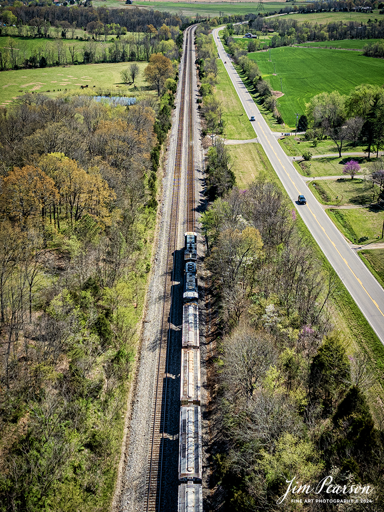 CSX B212 heads south past the siding at Kelly, Ky on April 6th, 2024, with an empty Phosphate train (Bensenville, IL (CPKC) - Mulberry, FL), on the CSX Henderson Subdivision.

Tech Info: DJI Mavic 3 Classic Drone, RAW, 22mm, f/2.8, 1/1600, ISO 160.