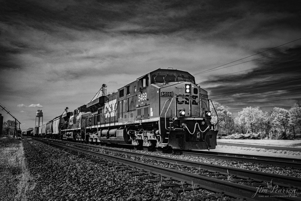 In this week’s Saturday Infrared Photo, we catch CSXT 5469 as it leads M647 into the siding at Trenton, Kentucky to wait on hot intermodal I026 headed north, on April 15th, 2004, as it heads south on the Henderson Subdivision.

Tech Info: Fuji XT-1, RAW, Converted to 720nm B&W IR, Nikon 10-24 @ 24mm, f/5.6, 1/1400, ISO 400.