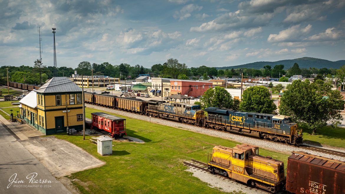 Loaded Coal train CSX 904 passes depot and museum at Cowan, Tennessee, as it heads south on the CSX Chattanooga Subdivision, on April26th, 2024..

Tech Info: DJI Mavic 3 Classic Drone, RAW, 22mm, f/2.8, 1/2000, ISO 100.

#railroad #railroads #train #trains #bestphoto #railroadengines #picturesoftrains #picturesofrailway #bestphotograph #photographyoftrains #trainphotography #JimPearsonPhotography