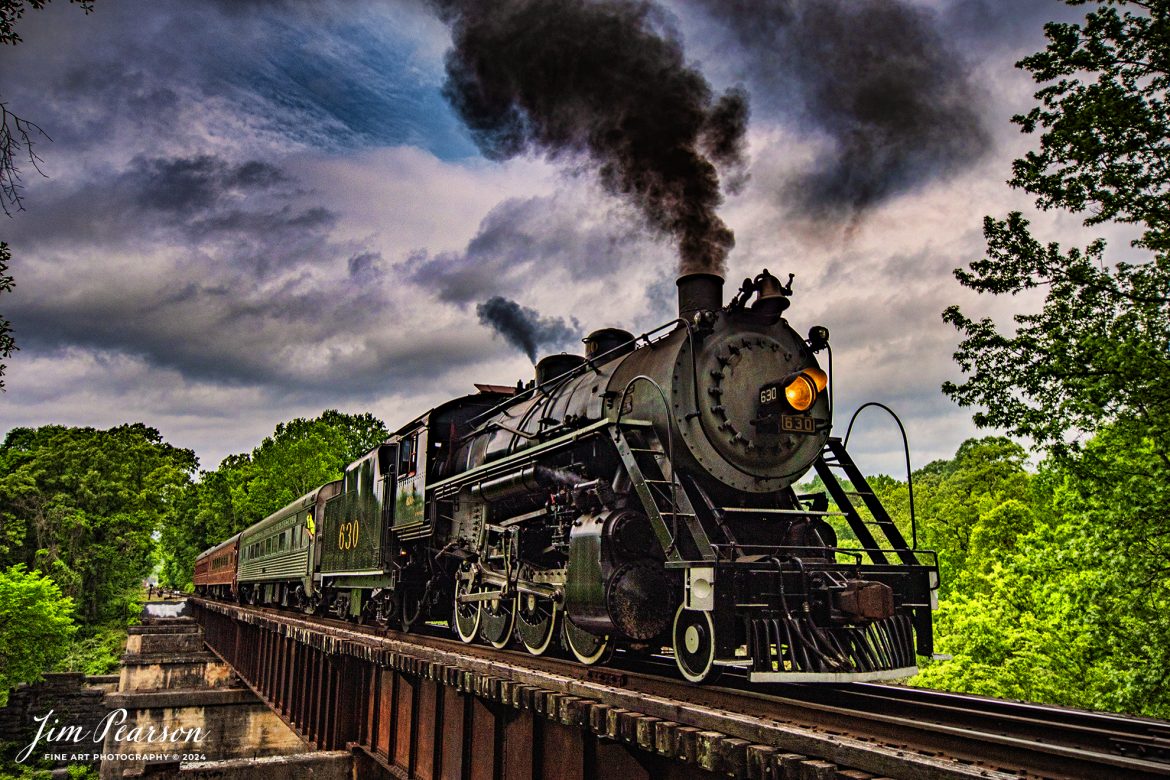 Tennessee Valley Railroad Museum’s steam locomotive Southern Railway 630 crosses over the Chickamauga Creek Bridge as it heads to Grand Junction at West Chattanooga, Tennessee, on April 27th, 2024.

According to Wikipedia: Southern Railway 630 is a 2-8-0 "Consolidation" type steam locomotive built in February 1904 by the American Locomotive Company (ALCO) of Richmond, Virginia for the Southern Railway as a member of the Ks-1 class. It is currently owned and operated by the Tennessee Valley Railroad Museum in Chattanooga, Tennessee where it resides today for use on excursion trains.

The Tennessee Valley Railroad Museum was founded as a chapter of the National Railway Historical Society in 1960 by Paul H. Merriman and Robert M. Soule, Jr., along with a group of local railway preservationists. They wanted to save steam locomotives and railway equipment for future historical display and use. Today, the museum offers various tourist excursions from stations in Chattanooga and Etowah, Tennessee.

Tech Info: Nikon D800, Nikon 10-24 @ 19mm, f/6.3, 1/800, ISO 100.
