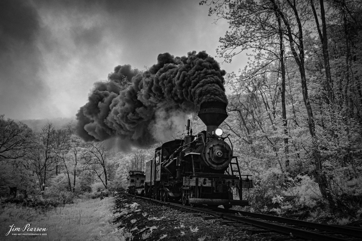 In this week’s Saturday Infrared photo, we catch Engineer Noah Barkley as he keeps a watchful eye on the track ahead from Cass Scenic Railway Heisler #6 as they pull through the countryside at Wanless on the way to Durban, West Virginia, during the Cass Spring Photographers Special, from Cass, West Virginia on May 4th, 2025. 

According to the Mountain Rail West Virginia Website: The Meadow River Lumber No. 6 was built by the Heisler Locomotive Works in Erie, PA, in 1929 for the Bostonia Coal & Clay Products Company of New Bethlehem, PA.

The Heisler was sold to the Meadow River Lumber Company at Rainelle, WV in 1939, where it was rostered as No. 6. She retired from the lumber company in 1965 and was purchased by the purchased it by the state of West Virginia purchased. The engine ran under its own steam from Rainelle to its new home in Cass in December 1966. No. 6 would begin operating on the railroad in 1968. The Heisler is the fastest geared locomotive in the Cass collection.

Tech Info: Fu, RAW, Nikon 70-300 @ 180mm, f/5.3, 1/1250, ISO 560.

#railroad #railroads #train, #trains #railway #railway #railtransport #railroadengines #picturesoftrains #picturesofrailways #besttrainphotograph #bestphoto #photographyoftrains #bestsoldpicture #JimPearsonPhotography #steamtrain #casssenicrailway #irphotography