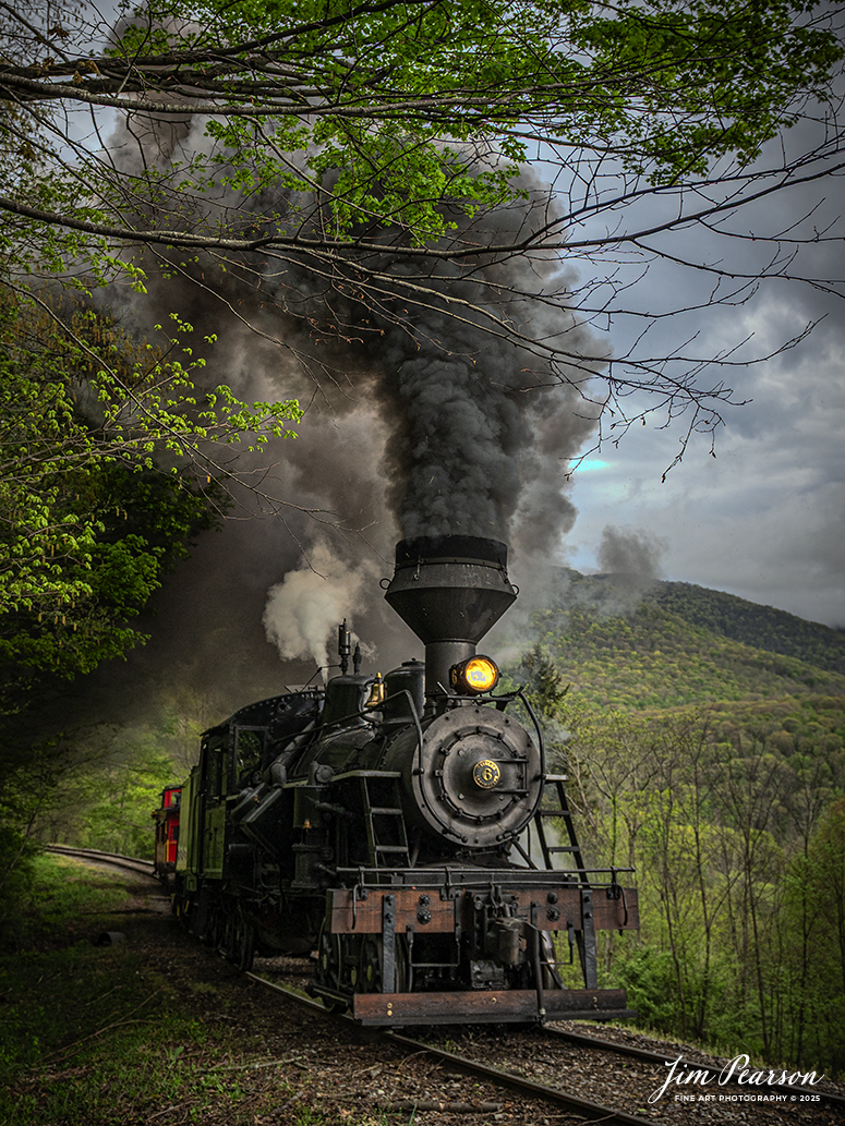 Cass Scenic Railroad Heisler #6 pulls up the hill through a S curve as they head for Bald Knob, WV during the Cass Spring Photographers Special, from Cass, West Virginia on May 3rd, 2025. 

According to the Mountain Rail West Virginia Website: The Meadow River Lumber No. 6 was built by the Heisler Locomotive Works in Erie, PA, in 1929 for the Bostonia Coal & Clay Products Company of New Bethlehem, PA.

The Heisler was sold to the Meadow River Lumber Company at Rainelle, WV in 1939, where it was rostered as No. 6. She retired from the lumber company in 1965 and was purchased by the purchased it by the state of West Virginia purchased. The engine ran under its own steam from Rainelle to its new home in Cass in December 1966. No. 6 would begin operating on the railroad in 1968. The Heisler is the fastest geared locomotive in the Cass collection.

Tech Info: Nikon Z6ii, RAW, Nikon 24-70 @ 24mm, f/4, 1/640, ISO 400.

#railroad #railroads #train, #trains #railway #railway #railtransport #railroadengines #picturesoftrains #picturesofrailways #besttrainphotograph #bestphoto #photographyoftrains #bestsoldpicture #JimPearsonPhotography #steamtrain #casssenicrailroad