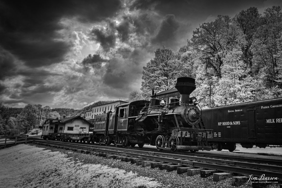 In this week’s Saturday Infrared photo, we catch Heisler #6 departing during the Cass Spring Photographers Special, from Cass, West Virginia on May 3rd, 2025. 

According to the Mountain Rail West Virginia Website: The Meadow River Lumber No. 6 was built by the Heisler Locomotive Works in Erie, PA, in 1929 for the Bostonia Coal & Clay Products Company of New Bethlehem, PA.

The Heisler was sold to the Meadow River Lumber Company at Rainelle, WV in 1939, where it was rostered as No. 6. She retired from the lumber company in 1965 and was purchased by the purchased it by the state of West Virginia purchased. The engine ran under its own steam from Rainelle to its new home in Cass in December 1966. No. 6 would begin operating on the railroad in 1968. The Heisler is the fastest geared locomotive in the Cass collection.

Tech Info: Fu, RAW, Nikon 10-24 @ 18mm, f/4.5, 1/500, ISO 400.

#railroad #railroads #train, #trains #railway #railway #railtransport #railroadengines #picturesoftrains #picturesofrailways #besttrainphotograph #bestphoto #photographyoftrains #bestsoldpicture #JimPearsonPhotography #steamtrain #casssenicrailway #irphotography