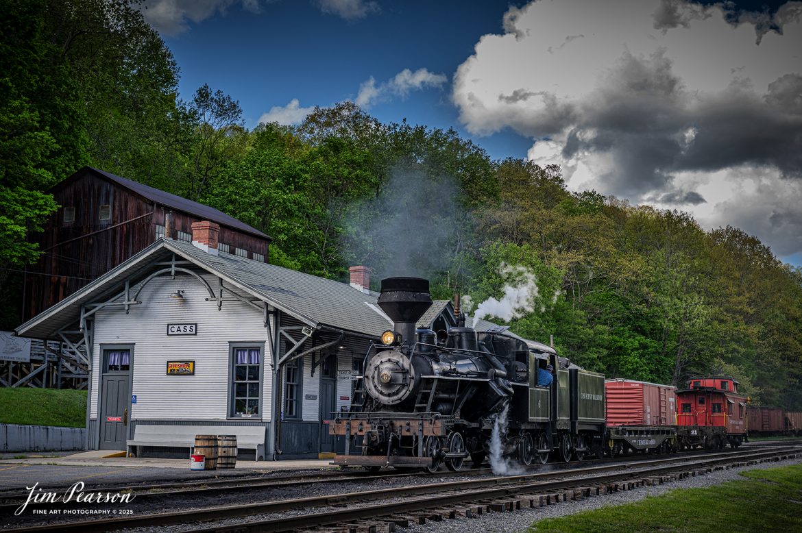 Cass Scenic Railway Heisler #6 backs out of the depot, during the Cass Spring Photographers Special, at Cass, West Virginia on May 4th, 2025. 

According to the Mountain Rail West Virginia Website: The Meadow River Lumber No. 6 was built by the Heisler Locomotive Works in Erie, PA, in 1929 for the Bostonia Coal & Clay Products Company of New Bethlehem, PA.

The Heisler was sold to the Meadow River Lumber Company at Rainelle, WV in 1939, where it was rostered as No. 6. She retired from the lumber company in 1965 and was purchased by the purchased it by the state of West Virginia purchased. The engine ran under its own steam from Rainelle to its new home in Cass in December 1966. No. 6 would begin operating on the railroad in 1968. The Heisler is the fastest geared locomotive in the Cass collection.

Tech Info: Nikon Z6ii, RAW, Nikon 24-70 @ 52mm, f/4.5, 1/1600, ISO 640.

#railroad #railroads #train, #trains #railway #railway #railtransport #railroadengines #picturesoftrains #picturesofrailways #besttrainphotograph #bestphoto #photographyoftrains #bestsoldpicture #JimPearsonPhotography #steamtrain #casssenicrailway