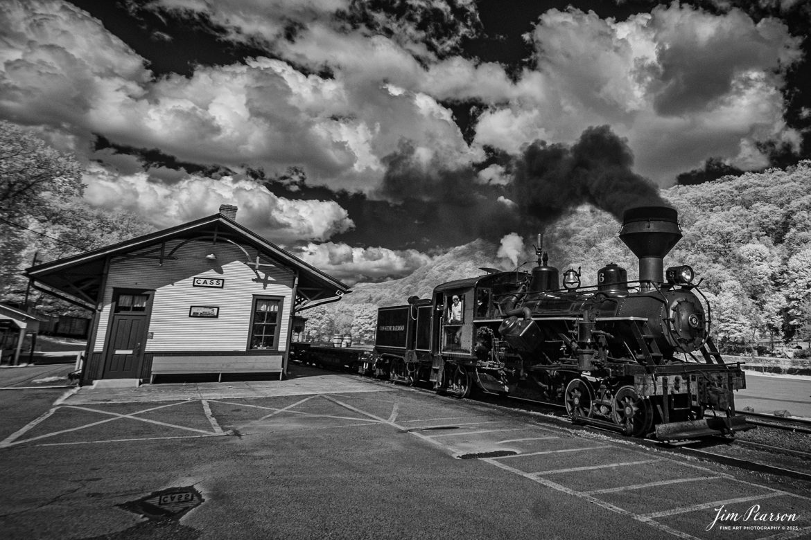 In this week’s Saturday Infrared photo, we catch Engineer Noah Barkley as he keeps a watchful eye on the track ahead from Cass Scenic Railroad Heisler #6 as they arrive back at the depot in Cass, West Virginia, during the Cass Spring Photographers Special,on May 4th, 2025. 

According to the Mountain Rail West Virginia Website: The Meadow River Lumber No. 6 was built by the Heisler Locomotive Works in Erie, PA, in 1929 for the Bostonia Coal & Clay Products Company of New Bethlehem, PA.

The Heisler was sold to the Meadow River Lumber Company at Rainelle, WV in 1939, where it was rostered as No. 6. She retired from the lumber company in 1965 and was purchased by the purchased it by the state of West Virginia purchased. The engine ran under its own steam from Rainelle to its new home in Cass in December 1966. No. 6 would begin operating on the railroad in 1968. The Heisler is the fastest geared locomotive in the Cass collection.

Tech Info: Fu, RAW, Nikon 10-25 @ 10mm, f/4.5, 1/1000, ISO 400.

#railroad #railroads #train, #trains #railway #railway #railtransport #railroadengines #picturesoftrains #picturesofrailways #besttrainphotograph #bestphoto #photographyoftrains #bestsoldpicture #JimPearsonPhotography #steamtrain #casssenicrailway #irphotography
