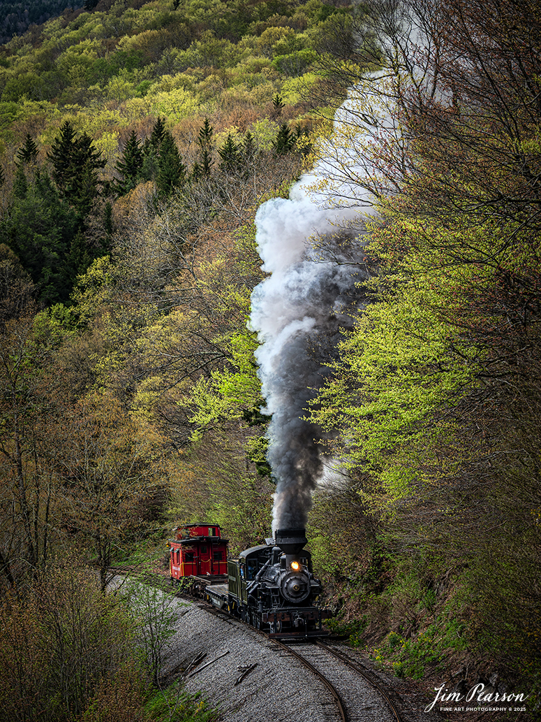 Cass Scenic Railroad Heisler #6 pulls through the curve under stormy skies at milepost 6 during the Cass Spring Photographers Special, out of Cass, West Virginia on May 3rd, 2025.  

According to the Mountain Rail West Virginia Website: The Meadow River Lumber No. 6 was built by the Heisler Locomotive Works in Erie, PA, in 1929 for the Bostonia Coal & Clay Products Company of New Bethlehem, PA.

The Heisler was sold to the Meadow River Lumber Company at Rainelle, WV in 1939, where it was rostered as No. 6. She retired from the lumber company in 1965 and purchased by the State of West Virginia. The engine ran under its own steam from Rainelle to its new home in Cass in December 1966. No. 6 would begin operating on the railroad in 1968. The Heisler is the fastest geared locomotive in the Cass collection.

Tech Info: Nikon Z6ii, RAW, Nikon 70-300 @ 112mm, f/6.3, 1/640, ISO 360.

#railroad #railroads #train, #trains #railway #railway #steamtrains #railtransport #railroadengines #picturesoftrains #picturesofrailways #besttrainphotograph #bestphoto #photographyoftrains #bestsoldpicture #JimPearsonPhotography #steamtrains #cassscenicrailway