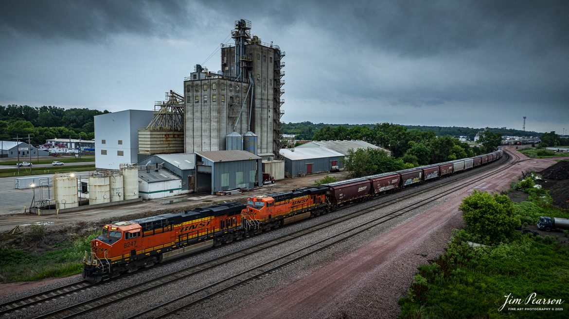 BNSF 8247 leads a grain train as it heads out of Sioux City, Iowa on June 23rd, 2025, on the BNSF Napier Subdivision.

Tech Info: DJI Mavic 3 Classic Drone, RAW, 24mm, f/5, 1/120, ISO 100.

#railroad #railroads #train, #trains #railway #railway #steamtrains #railtransport #railroadengines #picturesoftrains #picturesofrailways #besttrainphotograph #bestphoto #photographyoftrains #bestsoldpicture #JimPearsonPhotography #trainsfromtheair #trainsfromadrone #bnsfrailway