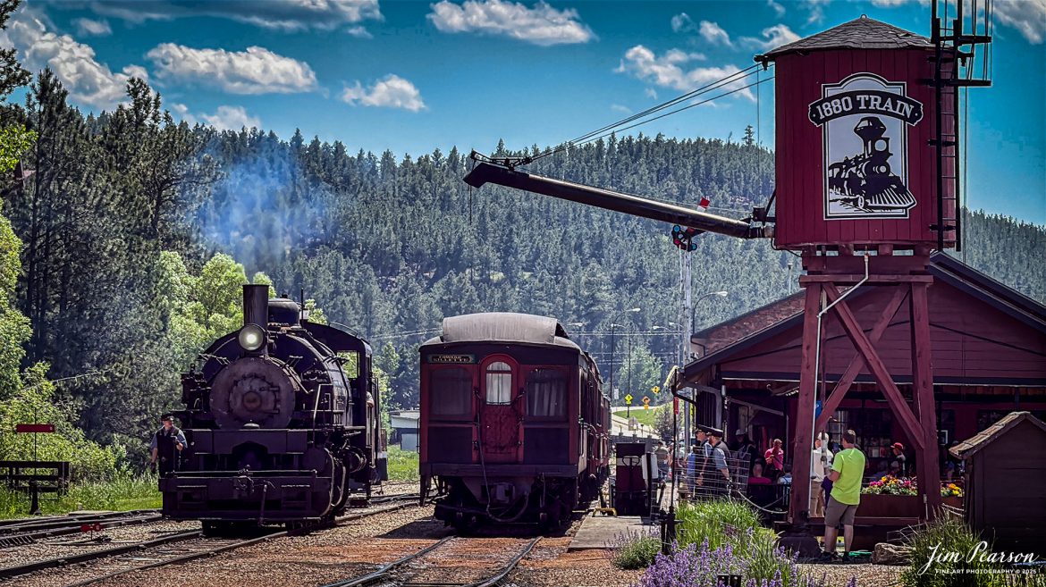 The 1880 Black Hills Central Railway locomotive 108 runs around their passenger train at Hill City, South Dakota, on June 26th, 2025, in preparation for another run to Keystone, SD.

According to their website: Locomotive 108 is a 2-6-6-2T articulated tank engine that was built by the Baldwin Locomotives Works in 1926 for the Potlatch Lumber Company. It later made its way to Weyerhaeuser Timber Company and eventually to the Northwest Railway Museum in Snoqualmie, Washington.

The acquisition and subsequent restoration of locomotive 108 completed a more than 20-year goal of increasing passenger capacity which began with the restoration of 110 and the restoration of multiple passenger cars. Both large Mallet locomotives (pronounced “Malley”) can pull a full train of seven authentically restored passenger cars, up from the four cars utilized prior to their addition to the roster.

Tech Info: iPhone 16pro Frame Grab from 4K Video.

#trainphotography #railroadphotography #trains #railways #trainphotographer #railroadphotographer #jimpearsonphotography #trains #blackhillscentrailrailroad #steam