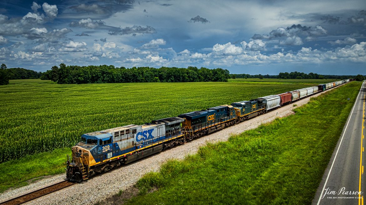 CSXT 309 leads B620, a northbound combined freight and Ethanol Empties train just south of Guthrie, Kentucky, on the CSX Henderson Subdivision, on July 7th, 2025. 

Tech Info: DJI Mavic 3 Classic Drone, RAW, 22mm, f/2.8, 1/3200, ISO 100.

#railroad #railroads #train, #trains #railway #railway #steamtrains #railtransport #railroadengines #picturesoftrains #picturesofrailways #besttrainphotograph #bestphoto #photographyoftrains #bestsoldpicture #JimPearsonPhotography #trainsfromtheair #trainsfromadrone
