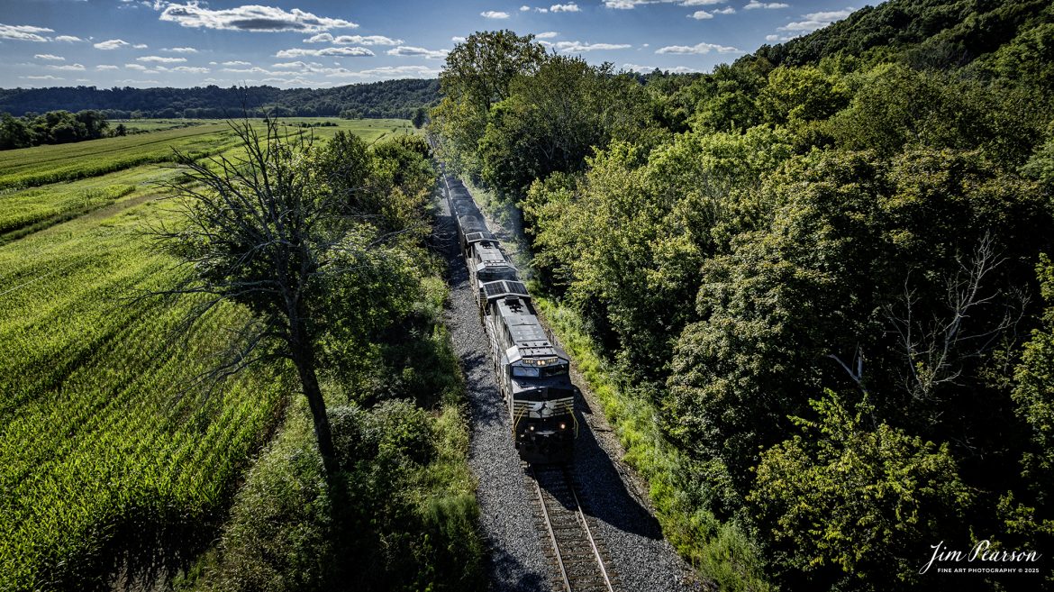 Norfolk Southern 4544 leads a loaded coal train north as it approaches Do Stop crossing, just south of Caneyville, Kentucky on the Paducah and Louisville Railway (PAL), on August 26th, 2025. Currently NS has been running a set of two of these trains on the PAL (empty Southbound and loaded Northbound) and they seem to alternate between loading at Warrior Coal Loop outside Madisonville, and Calvert City Loadout at Calvert City, Ky.

Tech Info: DJI Mavic 3 Classic Drone, RAW, 22mm, f/2.8, 1/4000, ISO 250

#railroad #railroads #train, #trains #railway #railway #steamtrains #railtransport #railroadengines #picturesoftrains #picturesofrailways #besttrainphotograph #bestphoto #photographyoftrains #bestsoldpicture #JimPearsonPhotography #trainsfromtheair #trainsfromadrone #norfolksouthern