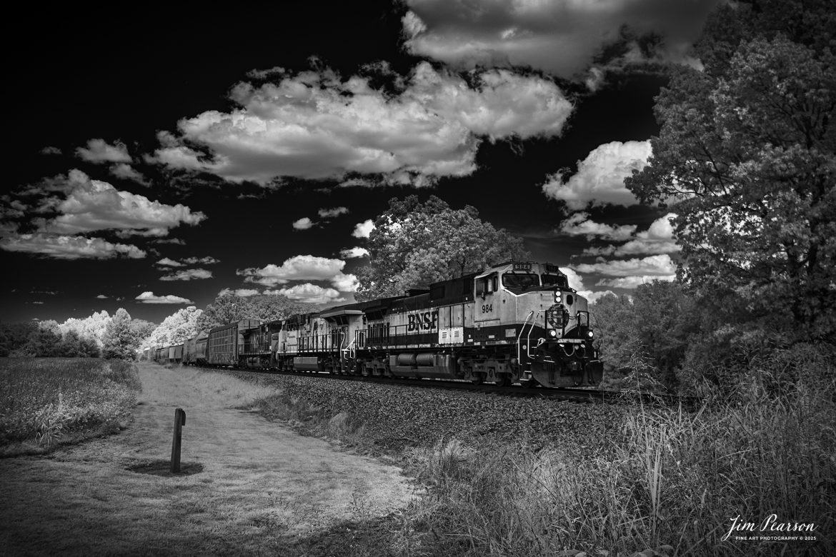 In this week’s Saturday Infrared photo, we catch a CSX M513 with BNSF, Union Pacific and CSX power leading the way as they head south, just north of Kelly, Ky, on the CSX Henderson Subdivision, on September 1st, 2025.

Tech Info: Fuji XT-1, RAW, Converted to 720nm B&W IR, Nikon 10-24 @ 22mm, f/4.5, 1/500, ISO 200.

#trainphotography #railroadphotography #trains #railways #jimpearsonphotography #infraredtrainphotography #infraredphotography #trainphotographer #railroadphotographer #infaredtrainphotography #trending