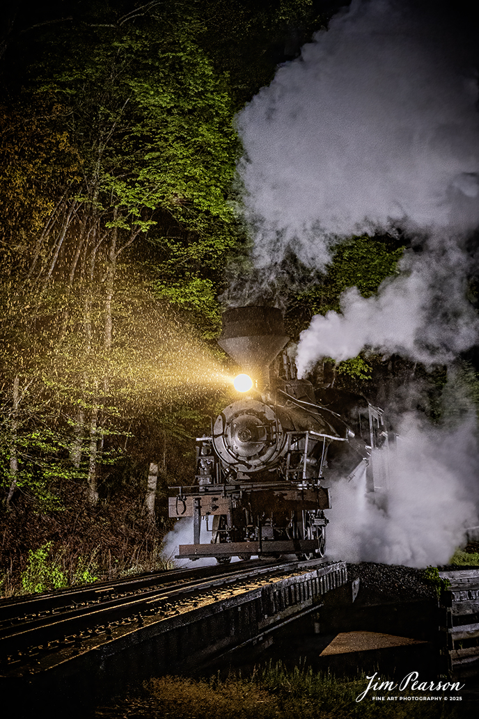 Cass Scenic Railroad Heisler #6 pulls across the bridge in a light rain at Leatherbark Creek during a night photo shoot as part of the Cass Spring Photographers Special, at Cass, West Virginia on May 3rd, 2025. 

According to the Mountain Rail West Virginia Website: The Meadow River Lumber No. 6 was built by the Heisler Locomotive Works in Erie, PA, in 1929 for the Bostonia Coal & Clay Products Company of New Bethlehem, PA.

The Heisler was sold to the Meadow River Lumber Company at Rainelle, WV in 1939, where it was rostered as No. 6. She retired from the lumber company in 1965 and was purchased by the purchased it by the state of West Virginia purchased. The engine ran under its own steam from Rainelle to its new home in Cass in December 1966. No. 6 would begin operating on the railroad in 1968. The Heisler is the fastest geared locomotive in the Cass collection.

Tech Info: Nikon Z6ii, RAW, Nikon 24-70 @ 38mm, f/2.8, 1/160, ISO 10,000.

#railroad #railroads #train, #trains #railway #railway #railtransport #railroadengines #picturesoftrains #picturesofrailways #besttrainphotograph #bestphoto #photographyoftrains #bestsoldpicture #JimPearsonPhotography #steamtrain #casssenicrailroad