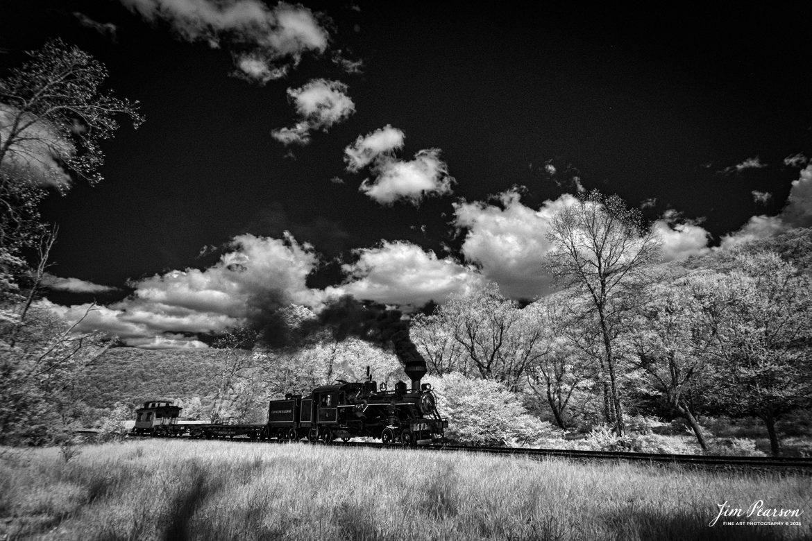 In this week’s Saturday Infrared photo, we catch Engineer Noah Barkley as he keeps a watchful eye on the track ahead from Cass Scenic Railroad Heisler #6 as they pull through the countryside at Wanless on the way to Cass, West Virginia, during the Cass Spring Photographers Special,on May 4th, 2025. 

According to the Mountain Rail West Virginia Website: The Meadow River Lumber No. 6 was built by the Heisler Locomotive Works in Erie, PA, in 1929 for the Bostonia Coal & Clay Products Company of New Bethlehem, PA.

The Heisler was sold to the Meadow River Lumber Company at Rainelle, WV in 1939, where it was rostered as No. 6. She retired from the lumber company in 1965 and was purchased by the purchased it by the state of West Virginia purchased. The engine ran under its own steam from Rainelle to its new home in Cass in December 1966. No. 6 would begin operating on the railroad in 1968. The Heisler is the fastest geared locomotive in the Cass collection.

Tech Info: Fu, RAW, Nikon 10-25 @ 10mm, f/4.5, 1/2000, ISO 400.

#railroad #railroads #train, #trains #railway #railway #railtransport #railroadengines #picturesoftrains #picturesofrailways #besttrainphotograph #bestphoto #photographyoftrains #bestsoldpicture #JimPearsonPhotography #steamtrain #casssenicrailway #irphotography
