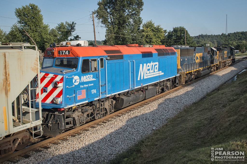 August 31, 2015 CSX Q645 with Metra’s Fox River Grove FP40 engine 174 at Mortons Gap, Ky Jim