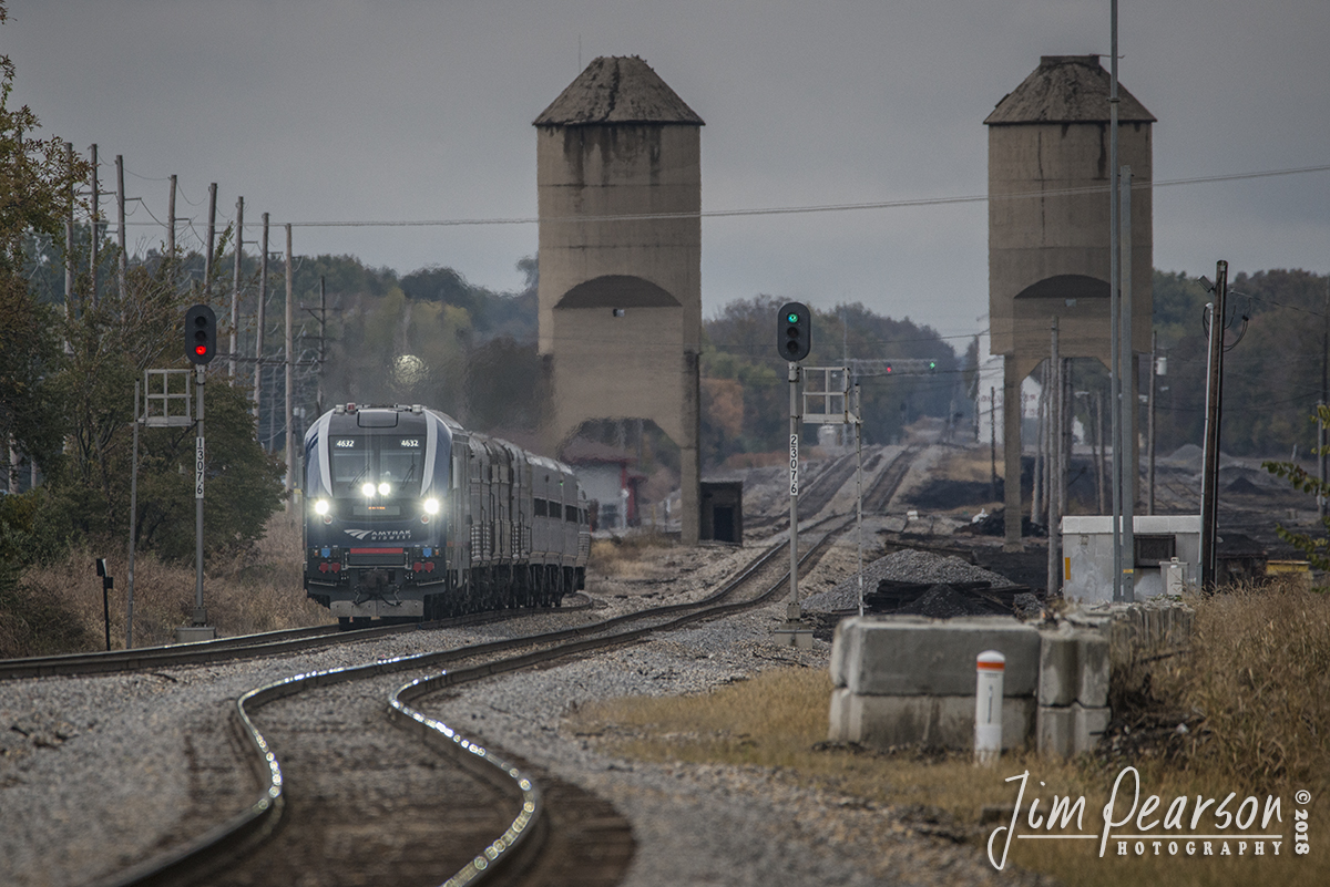 October 26, 2018 - Amtrak 391, the Saluki from Chicago, Illinois, heads into it's final station stop at Carbondale, Illinois on the CN Centrailia Subdivision, after passing the coaling towers that were built for the then Illinois Central Railroad in 1949. - #jimstrainphotos #illinoisrailroads #trains #nikond800 #railroad #railroads #train #railways #railway #amtrak #saluki #carbondale