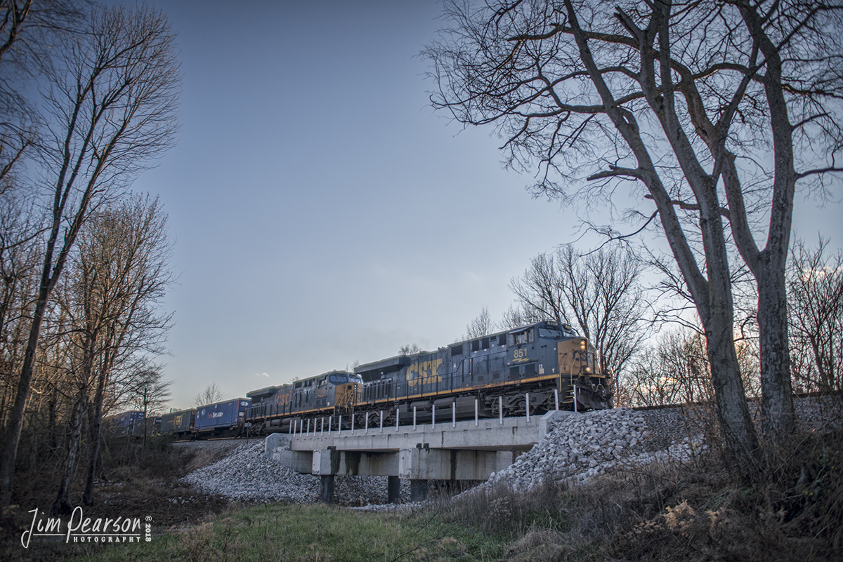 December 5, 2018 - CSX S026 (second Q026 on the same day) makes its way across the recently replaced bridge just north of Mortons Junction as CSXT 851 leads the way, with CSXT 3415 with the Georgia Railroad emblem acts as the DPU in the middle of the train, as it makes its way north on the Henderson Subdivision at Mortons Gap, Ky. - #jimstrainphotos #kentuckyrailroads #trains #nikond800 #railroad #railroads #train #railways #railway #csx #csxrailroad