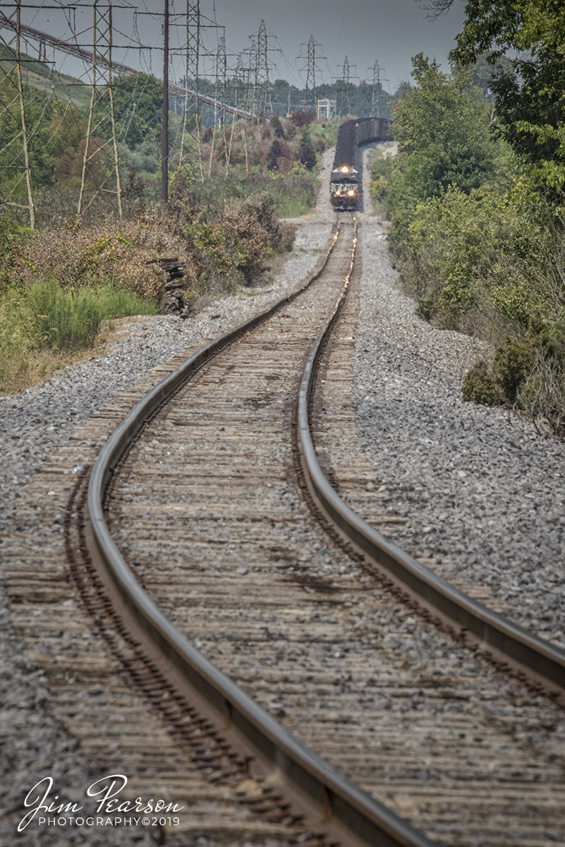 August 17, 2019 - Norfolk Southern WYX1 craws downgrade on the Warrior Lead is it departs Warrior Coal with a loaded coal train bound for the Paducah and Louisville Railway and points north.