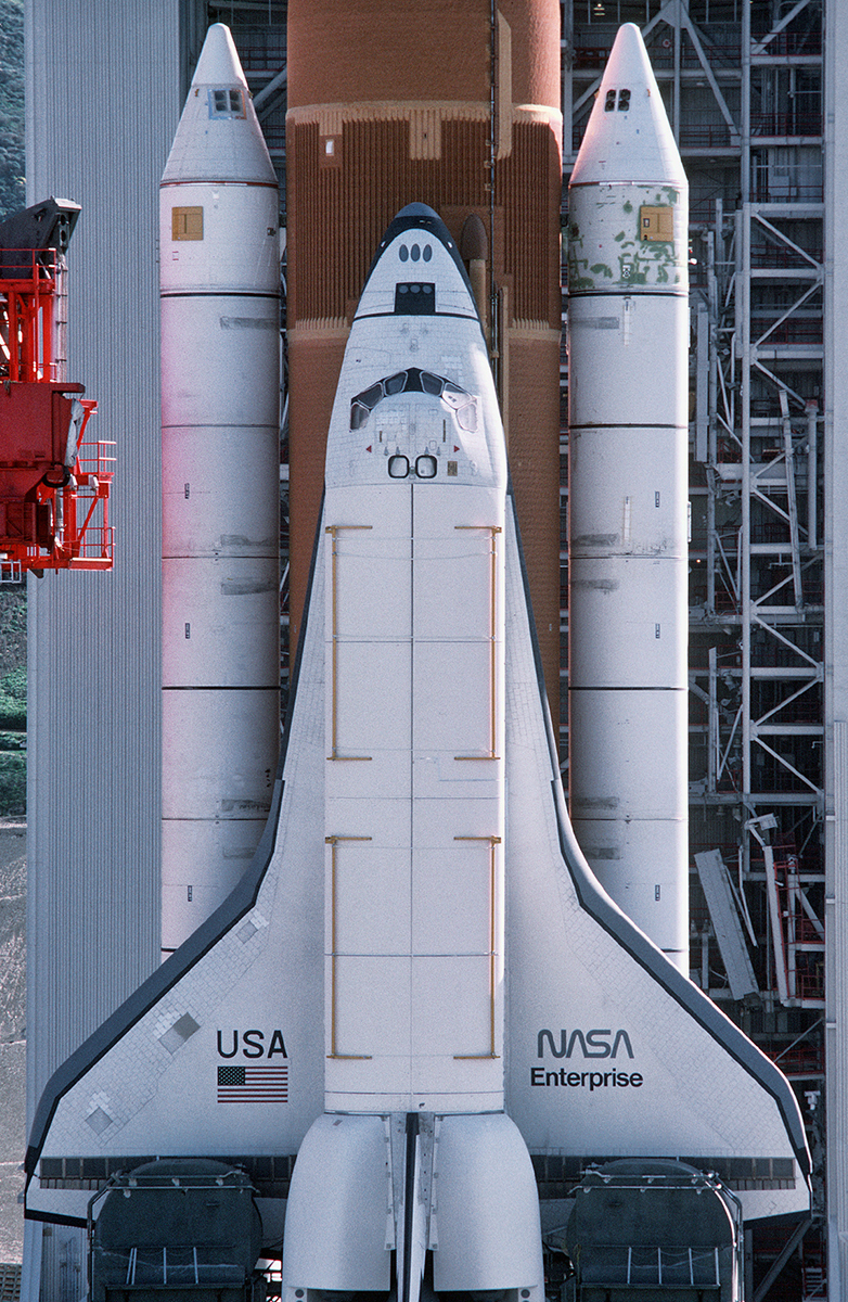 Blast From The Past - February 2, 1985 - A High angle close-up view of Space Shuttle Enterprise in launch position on the Space Launch Complex (SLC) #6, commonly known as "SLICK 6", during the ready-to-launch checks to verify launch procedures at Vandenburg AFB, California. - USAF Photo by TSgt. James R. Pearson