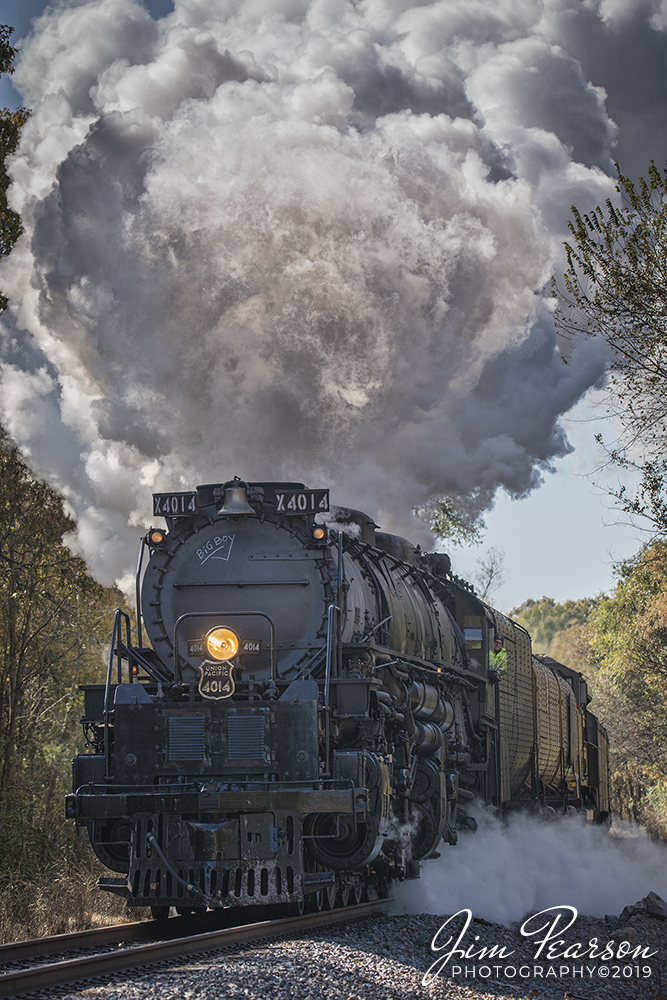 November 12, 2019 - Union Pacific's "Big Boy" 4014 puts out a huge plume of steam in the cold November air at Hope, Arkansas as it heads north on the UP's Little Rock Subdivision on its way to Prescott, AR where it will tie down for the night. 

According to Wikipedia: The Union Pacific Big Boy is a type of simple articulated 4-8-8-4 steam locomotive manufactured by the American Locomotive Company between 1941 and 1944 and operated by the Union Pacific Railroad in revenue service until 1959.

The 25 Big Boy locomotives were built to haul freight over the Wasatch mountains between Ogden, Utah, and Green River, Wyoming. In the late 1940s, they were reassigned to Cheyenne, Wyoming, where they hauled freight over Sherman Hill to Laramie, Wyoming. They were the only locomotives to use a 4-8-8-4 wheel arrangement: four-wheel leading truck for stability entering curves, two sets of eight driving wheels and a four-wheel trailing truck to support the large firebox.

Eight Big Boys survive, most on static display at museums across the country. This one, No. 4014, was re-acquired by Union Pacific and restored to operating condition in 2019, regaining the title as the largest and most powerful operating steam locomotive in the world.