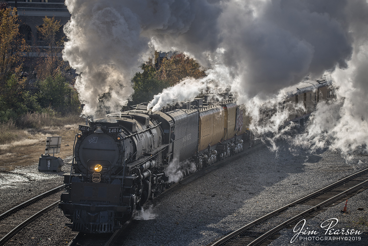 November 13, 2019 - Union Pacific's 4014 Big Boy Locomotive lead approaches the Cantrell Road overpass as it departs Union Station at Little Rock, Arkansas northbound on the Little Rock Subdivision on a cold, crisp fall afternoon.