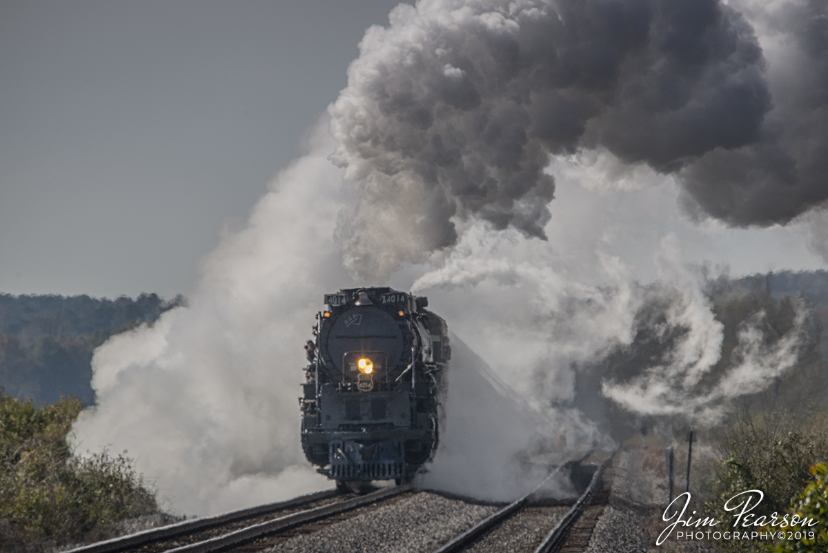 November 13, 2019 - Union Pacific's Big Boy 4014, pulls along the siding, as it heads into downtown Arkadelphia, Arkansas after waiting for a UP intermodal to pass it on the Little Rock Subdivision.