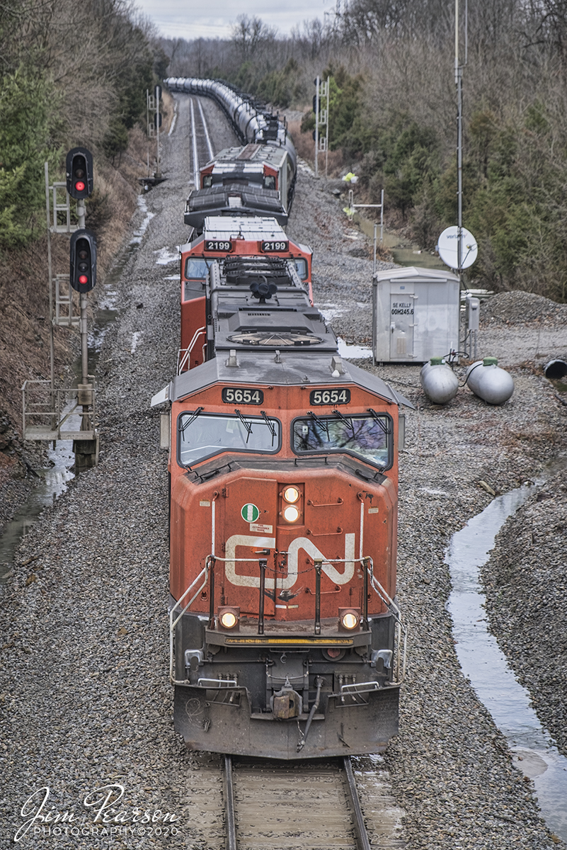January 18, 2020 - Canadian National 5654 leads the way on CSX K445 as it pulls out of the siding at the south end of Kelly, Ky as it heads south on the Henderson Subdivision with a loaded ethanol train.