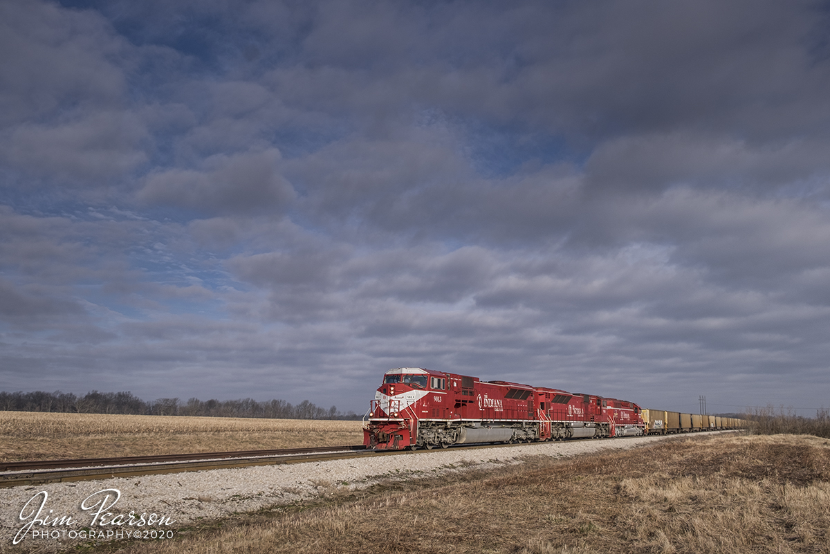 January 30, 2020 - Indiana Railroad (INRD) 9013 leads an empty coal train as it waits for a signal to enter the wye for the Indianapolis Subdivision mainline, after leaving the Hoosier Energy Merom Generating Station at Sullivan, Indiana.