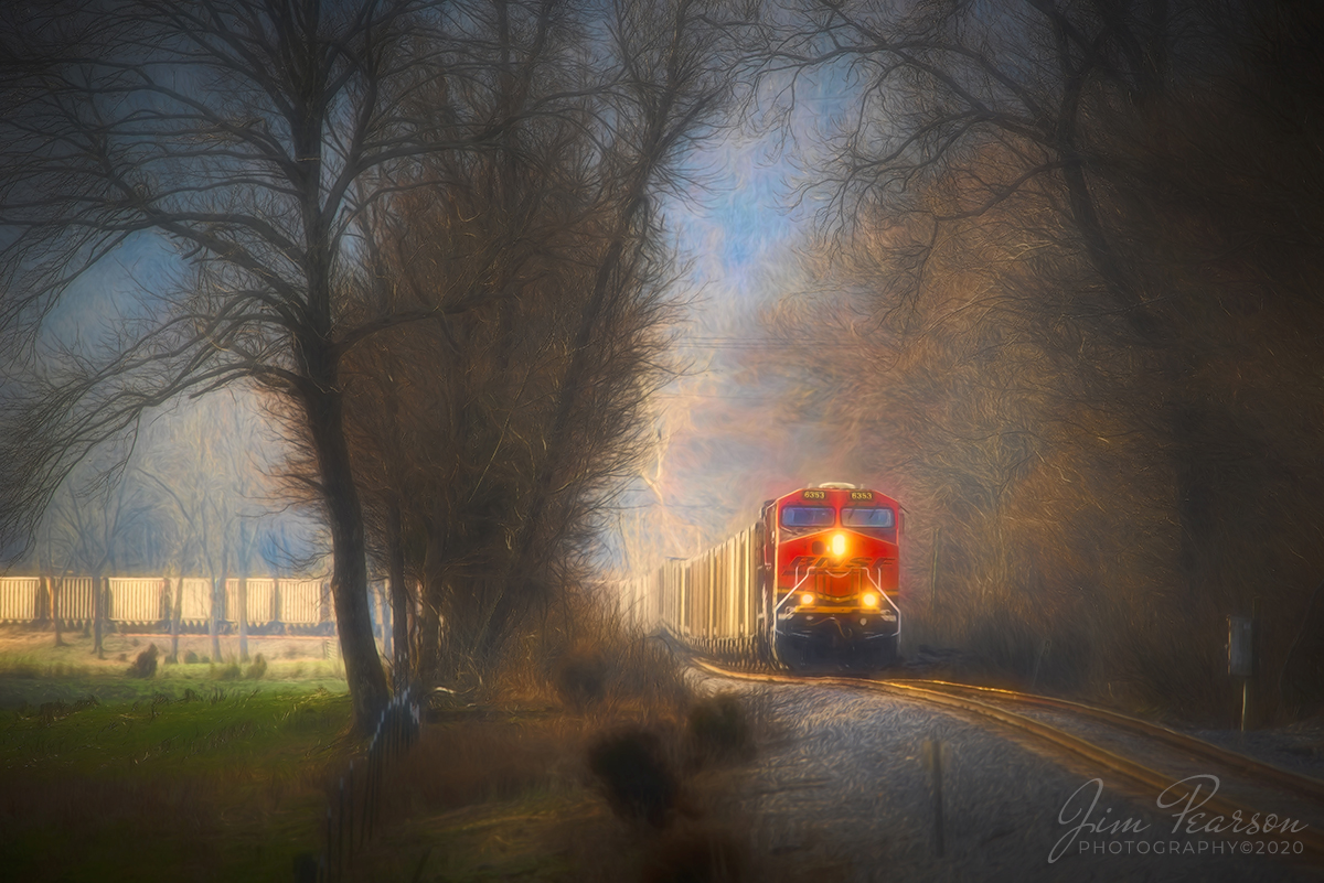 February 8, 2020 - BNSF 6353 & CN 2126 lead a northbound empty coal train, 7,400ft (135 car), with BNSF 5997 as the trailing DPU. Here it makes it's way north through the valley approaching Caneyville, Kentucky where it will meet up with a fresh crew to take the train on to Louisville.