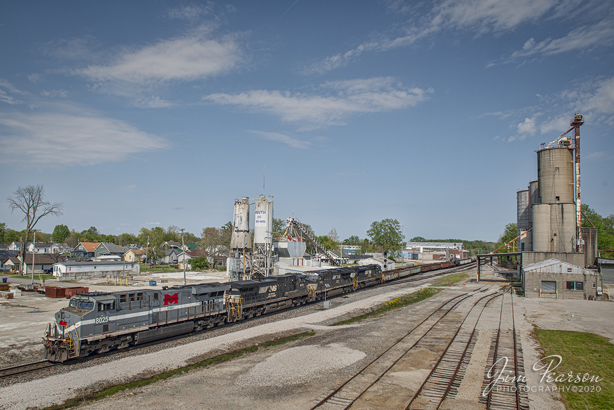 April 29, 2020 - After working making a drop off at the yard in Princeton, Indiana, Norfolk Southern 8025, Monongahela Heritage Unit, pulls NS 168 (Louisville, KY to St. Louis, MO) west on the NS Southern East-West District toward St. Louis, Mo.

Tech: Nikon D800, Lens: Sigma 24-70 @ 24mm, f/8, 1/1250sec, ISO 360.