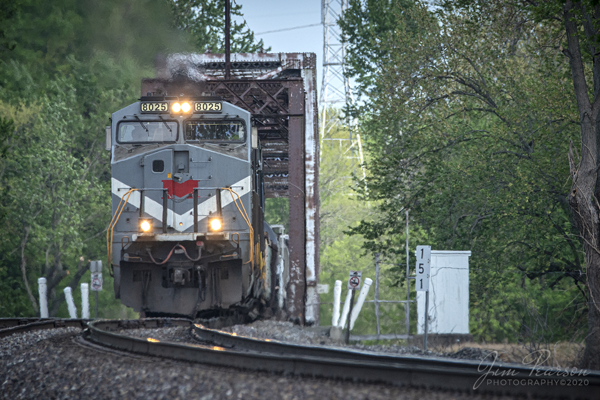 April 29, 2020 - Norfolk Southern 8025, Monongahela Heritage Unit, leads NS 168 (Louisville, KY to St. Louis, MO) across the Wabash River bridge at Mt. Carmel, Illinois as it heads west on the NS Southern East-West District toward St. Louis. 

Tech: Nikon D800, Lens: Sigma 150-600 @ 450mm, f/8, 1/1250 sec, ISO 640.