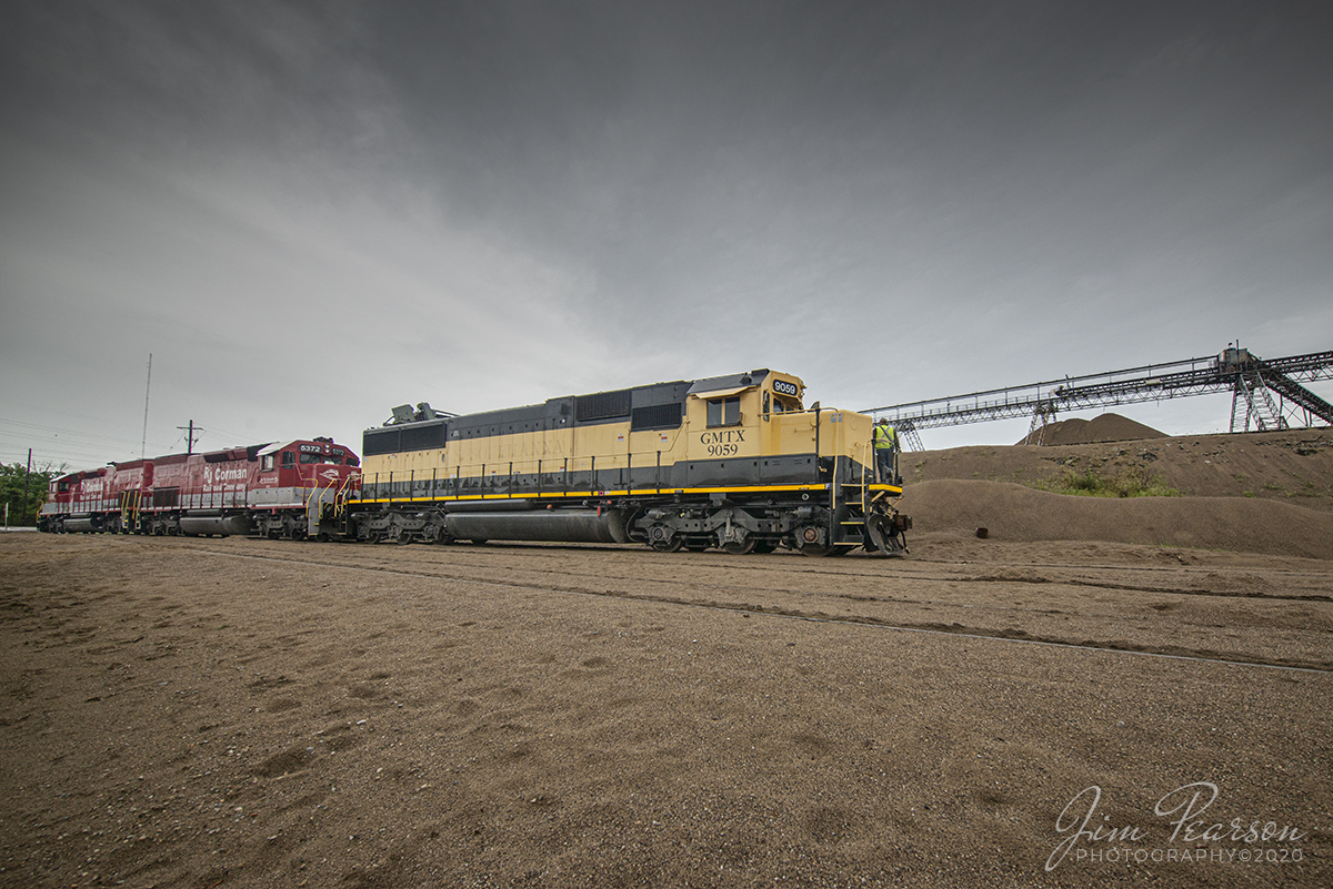 May 8, 2020  The power from RJ Cormans empty sand train Z543-07 with GMTX 9059 (SD60) leading, RJC 5373 and 5409 trailing, gets tied down at Nugent Sand Company at Louisville, Kentucky after making a run to Lexington with a loaded train for central Kentucky customers. Normally this train runs during the early morning darkness, but lately it has been making daylight runs on Fridays.

Tech Info: Nikon D800, RAW, Irex 11mm, F/11, 1/800 sec, ISO 320.