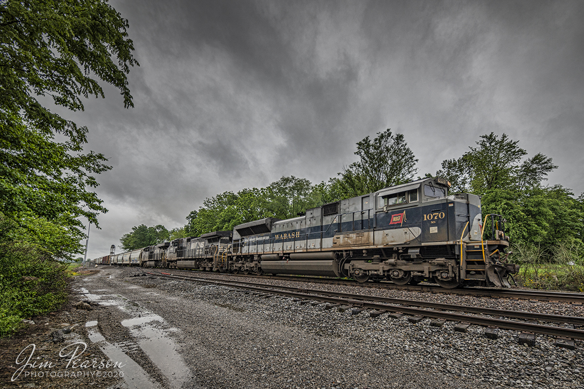 May 27, 2020 - Norfolk Southern Railway Wabash heritage unit 1070 passes through Golden Gate, Illinois, as it leads NS 224 through stormy weather on its way west on the NS Southern-West District. 

Tech Info: Nikon D800, RAW, Irex 11mm, f/5.6, 1/640sec, ISO 160.