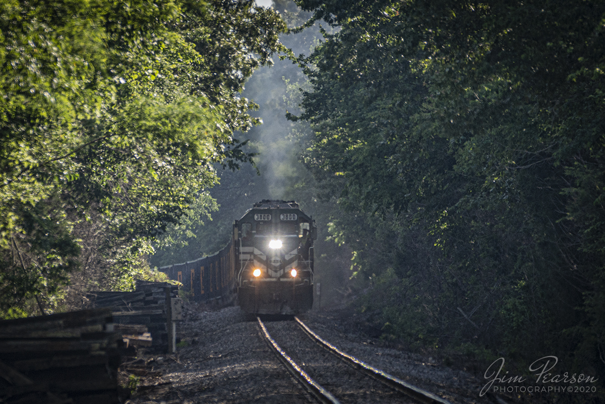 June 4, 2020 - Paducah and Louisville Railway (PAL) 3800, 2100 and 2121 pull about 30 loaded Scotty's Rock cars upgrade at Summit, Kentucky as they head north to Scotty's rock yard in Vine Grove, Ky. 

Tech Info: Nikon D800, RAW, Sigma 150-600 @ 600mm, f/5.6, 1/640sec, ISO 270.