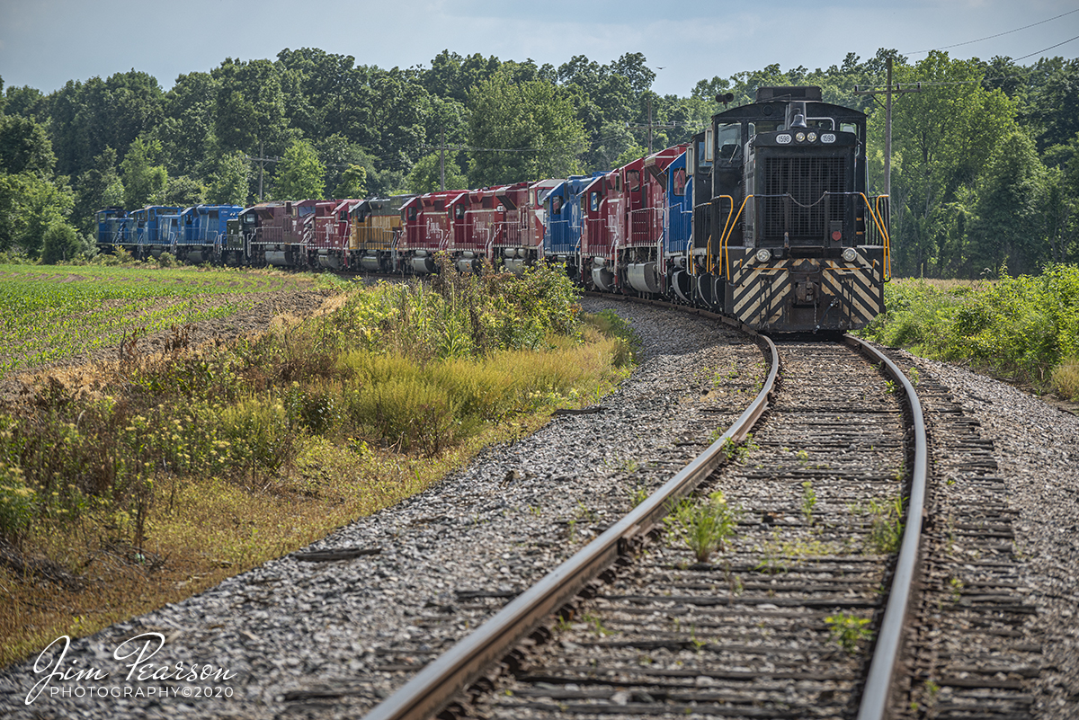 June 18, 2020 - Switcher 1598 heads up a string of power stored on the Landree Lead at Indiana Railroads Hiawatha Yard in Jasonville, Indiana. Years ago this track led to the Landree mine which no longer exists. 

Two of these units have been placed back in service since I shot this and INRD SD90s & SD40s are stored currently due to not being needed at the moment.  The INRD GP38s are stored Out of Service.  All the CEFX, CITX, (etc) are stored pending repairs work, or new lease from the customer.

Tech Info: Full Frame D800, RAW, Nikon 70-300 @ 140mm, F/6.3, 1/1250, ISO 360.