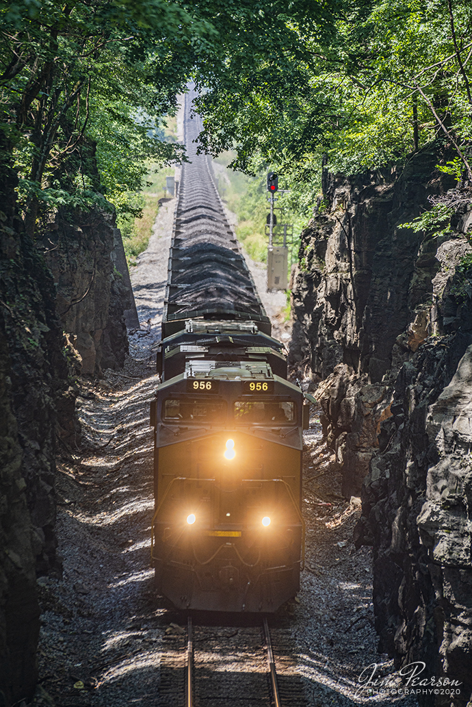 July 20, 2020 - CSX loaded coal train N040-18 makes its way south through the Red River cut at Adams, Tennessee with CSXT 956 leading the way.

Tech Info: Full Frame Nikon D800, RAW, Sigma 150-600 @ 195mm, f/5.3, 1/320, ISO 220.